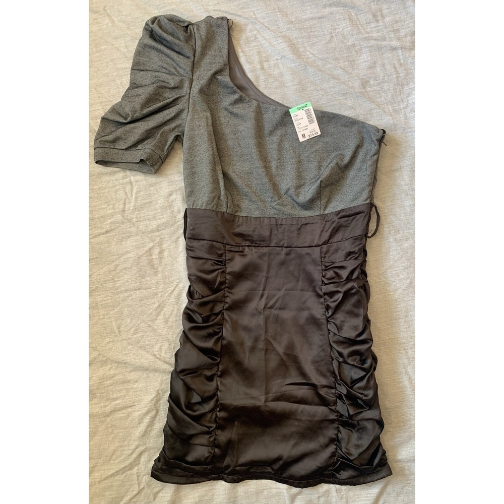NWT Dress Juniors Medium Black Gray One Shoulder Ruffles Dance Prom Y2K